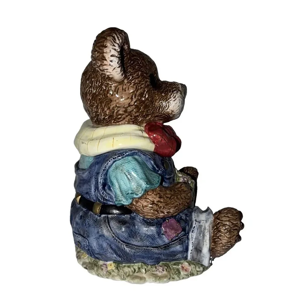Vintage Ceramic Teddy Bear Cookie Jar Hand Painted Garden Floral Gardening Theme
